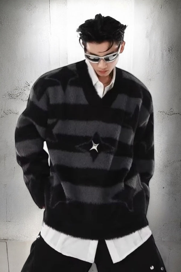 【2color】Star Pattern Striped Mohair Knit Sweater mry001827