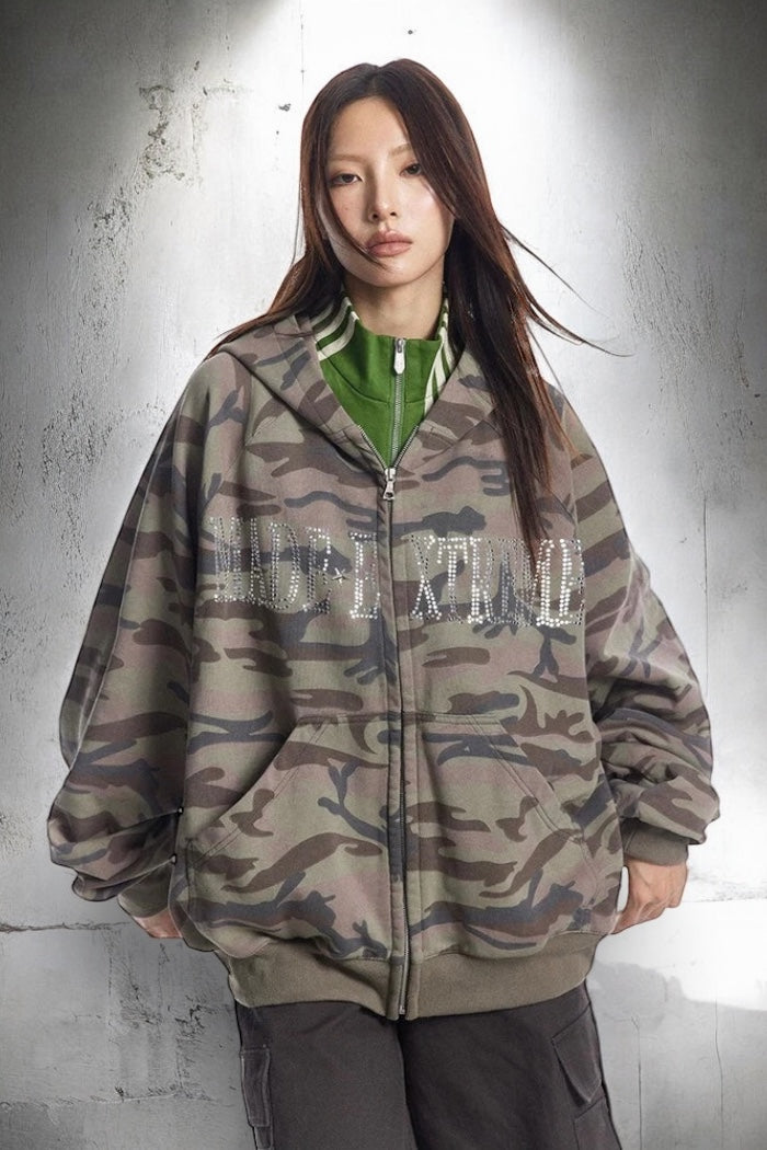 Rhinestone Camo Oversized Zip Hoodie mry001634