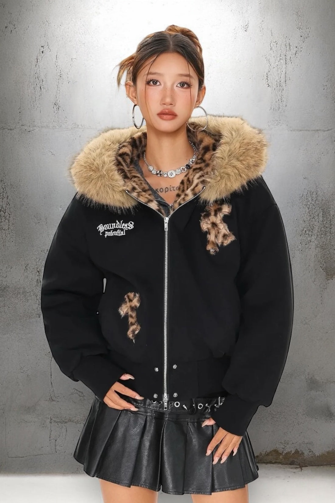 Leopard Lined Fur Hood Jacket mry002068
