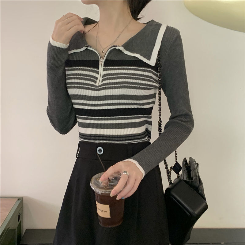 【送料無料】ストライプニットセーター 2カラー 長袖デザイントップス 韓国カジュアル mry000590
