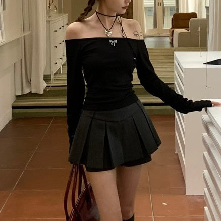 【Carina】2カラー展開 韓国デザイン 韓国カジュアル オフショルダー フィット トップス mry001105