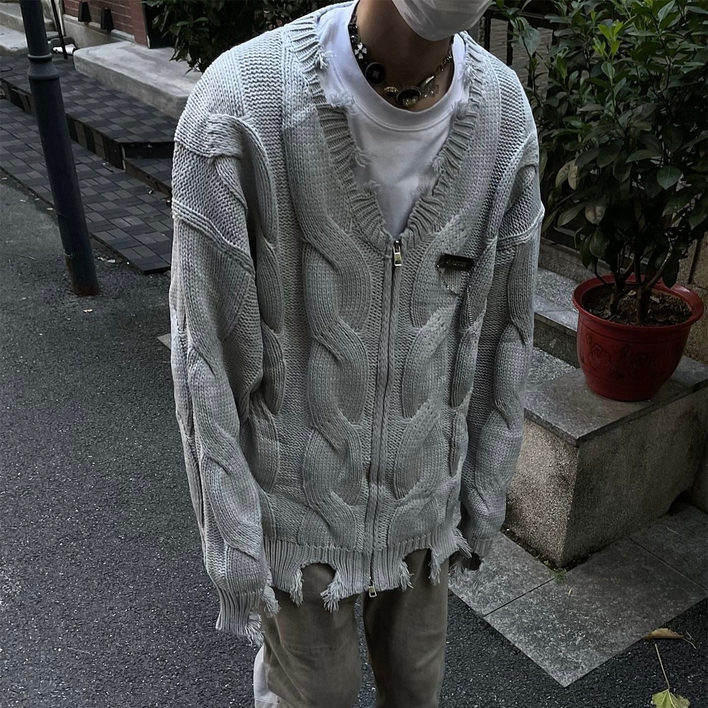 2カラー展開 アメリカン 韓国ストリート 韓国カジュアル ダメージ加工 ヴィンテージ カーディガン mry001311