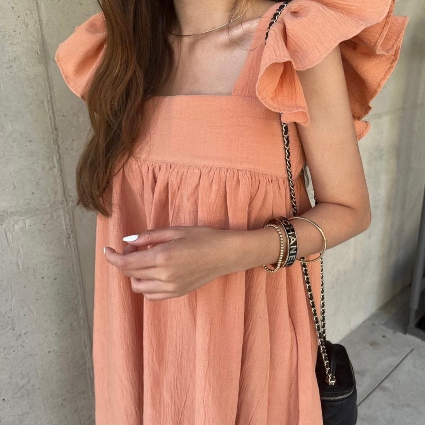 スクエアネック プリーツ フライングスリーブ エレガント ワンピース mry000122