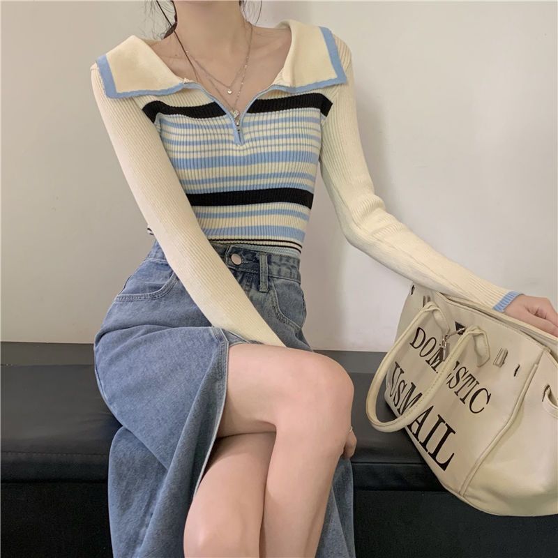 【送料無料】ストライプニットセーター 2カラー 長袖デザイントップス 韓国カジュアル mry000590