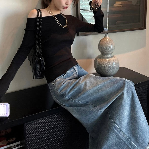 2カラー展開 韓国ストリート 韓国デザイン 韓国カジュアル シンプル オフショルダー ニットトップス mry001145