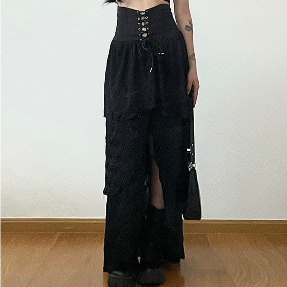 アメリカン 韓国デザイン 韓国ストリート 韓国カジュアル コルセット風 レイヤード ロングスカート mry001179