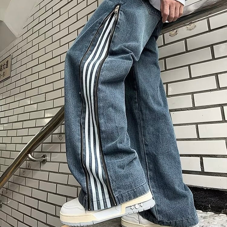 【Carina】2カラー展開 韓国ストリート ライン入りワイドデニムパンツ mry001375