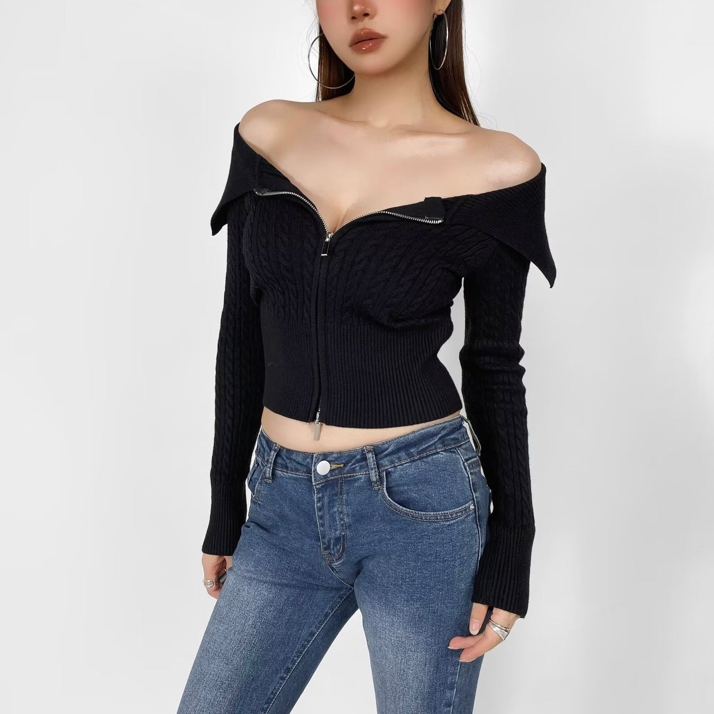 4カラー展開 韓国デザイン 韓国カジュアル オフショルダー リブ編みニット カーディガン mry001118