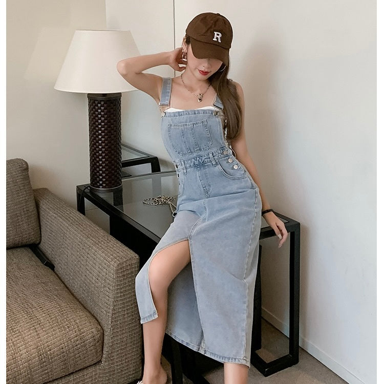 サイドスリット デニム サスペンダー ワンピース mry000117