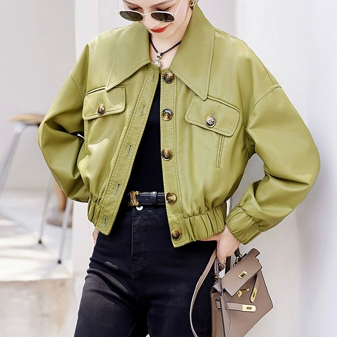 【Plaisir】2カラー展開 アメリカン 韓国カジュアル 韓国デザイン ショート丈 レザージャケット mry001135