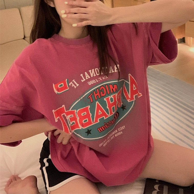 レトロ風Tシャツ ミドル丈 半袖 トップスmry000006