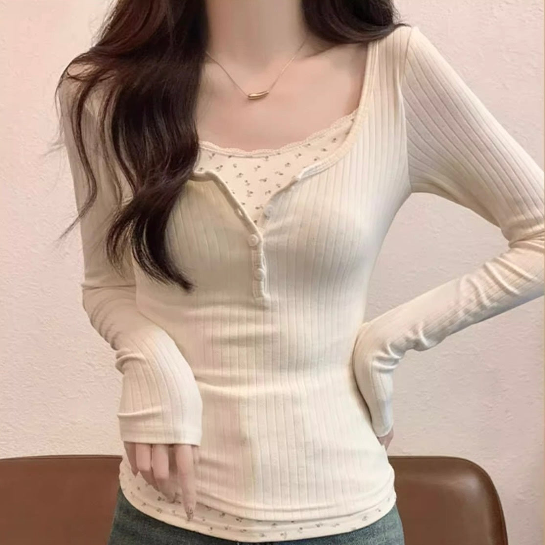 韓国デザイン 韓国カジュアル ボタン リブニット 長袖トップス mry001106