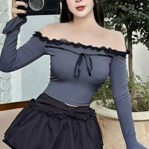 【Chéri】2カラー展開 韓国デザイン 韓国カジュアル オフショルダー リボントップス mry001103