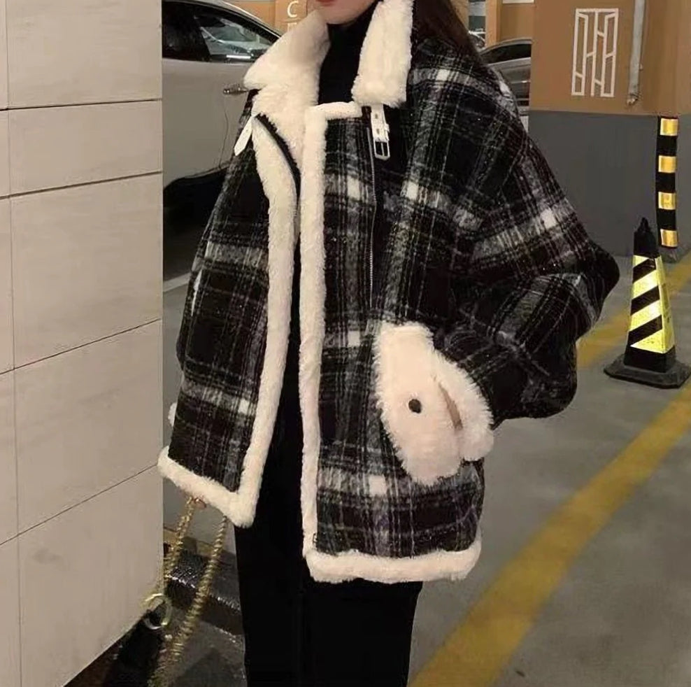 モコモコチェック柄 ハイネックジャケット mry000486