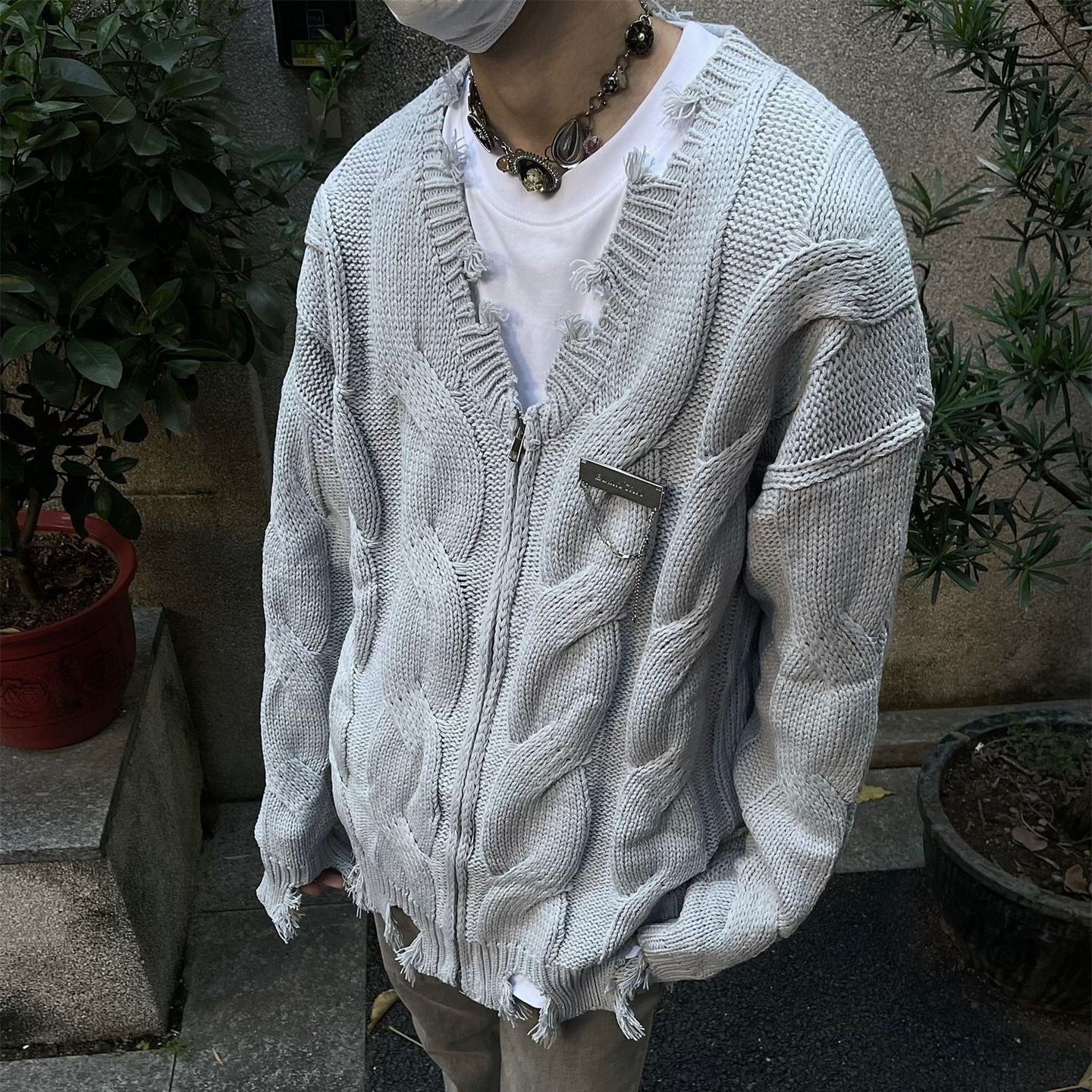 2カラー展開 アメリカン 韓国ストリート 韓国カジュアル ダメージ加工 ヴィンテージ カーディガン mry001311