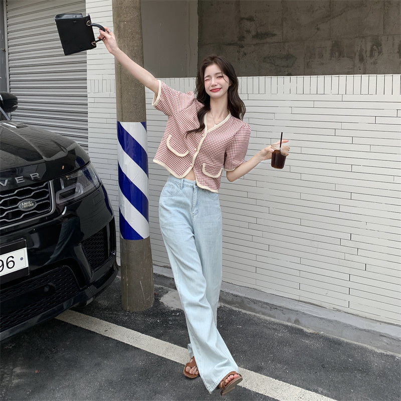 【送料無料】クロップド丈 フレンチスタイル Vネック 千鳥格子 韓国ガーリー 韓国カジュアル mry000536