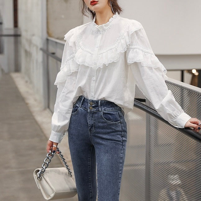 AW レースステッチ スタンドアップカラー フリルシャツ mry000060