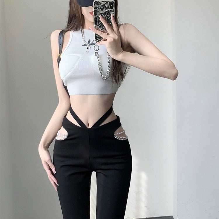 【Carina】 パールチェーン カジュアル デザインパンツ 韓国カジュアル 韓国ストリート mry000704