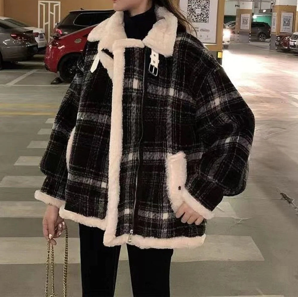 モコモコチェック柄 ハイネックジャケット mry000486