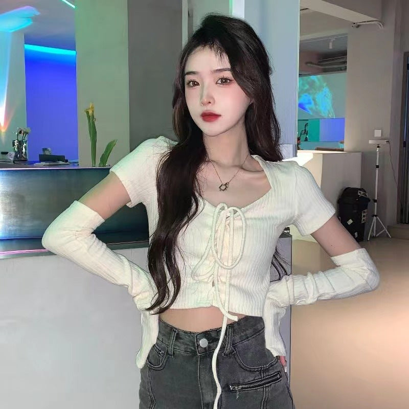 【送料無料】2カラー展開 韓国ホットガール スリムフィット トップス 半袖 ニットセーター mry000672