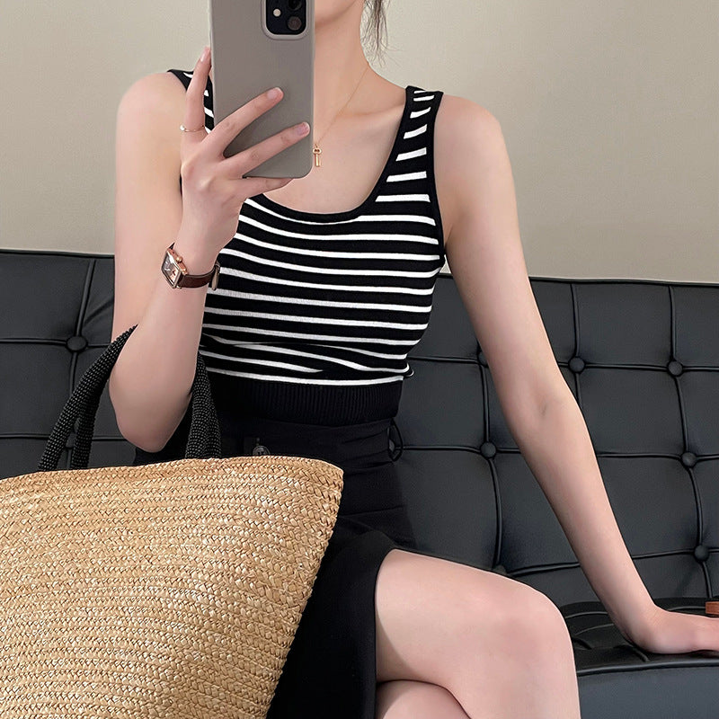 【送料無料】ストライプ 3カラー展開 ノースリーブ ショート丈 ニット シャツ mry000635