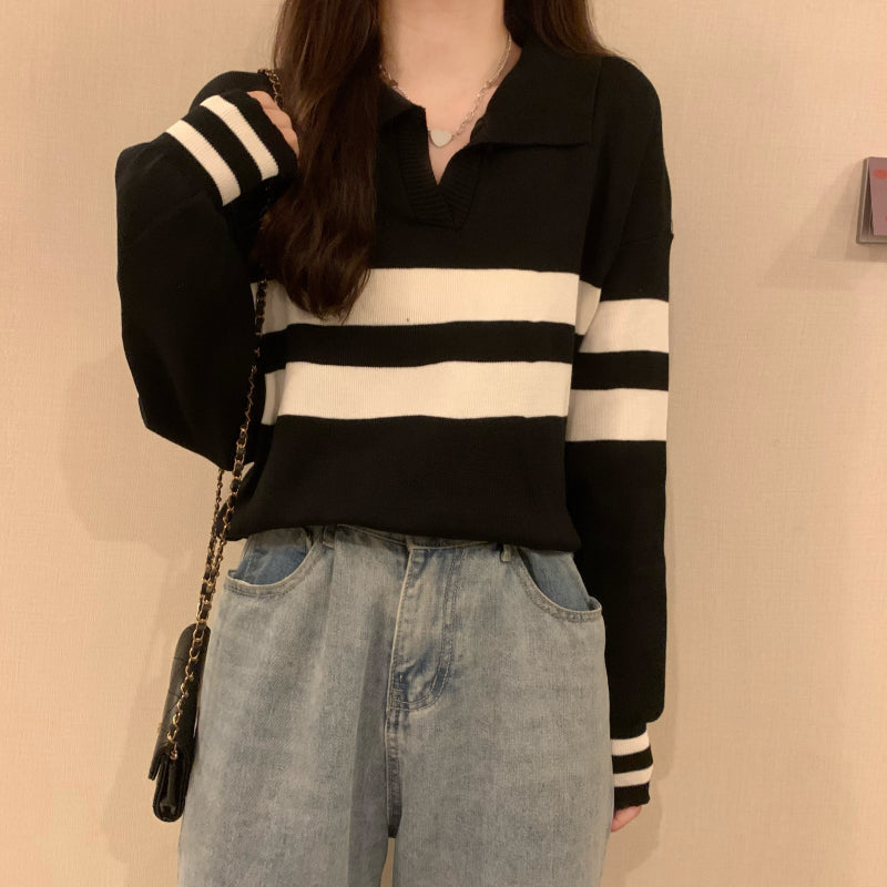2カラー展開 韓国ストリート韓国カジュアル トレンド ストライプ ユニーク ゆったりニット mry001305