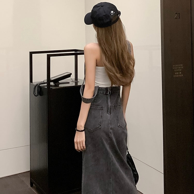 サイドスリット デニム サスペンダー ワンピース mry000117