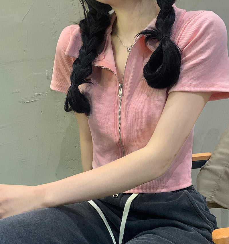 【送料無料】2カラー展開 センタージップ 半袖トップス 韓国カジュアル 韓国ガーリー mry000671