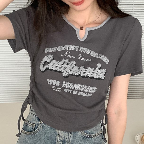 2023SS リアルアメリカン スイートクール ホットガール Vネック ウエスト 巾着デザイン 韓国カジュアル 韓国ストリート mry000738