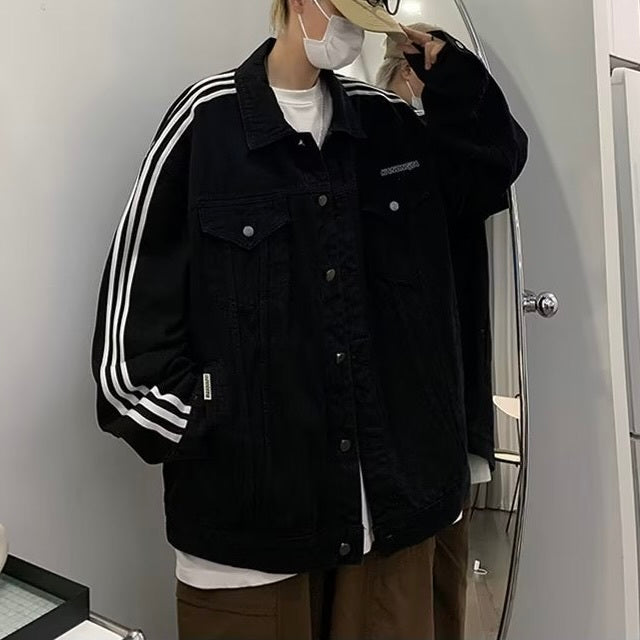 2カラー展開 韓国ストリート 韓国カジュアル ライン入り レトロ デニムジャケット mry001271