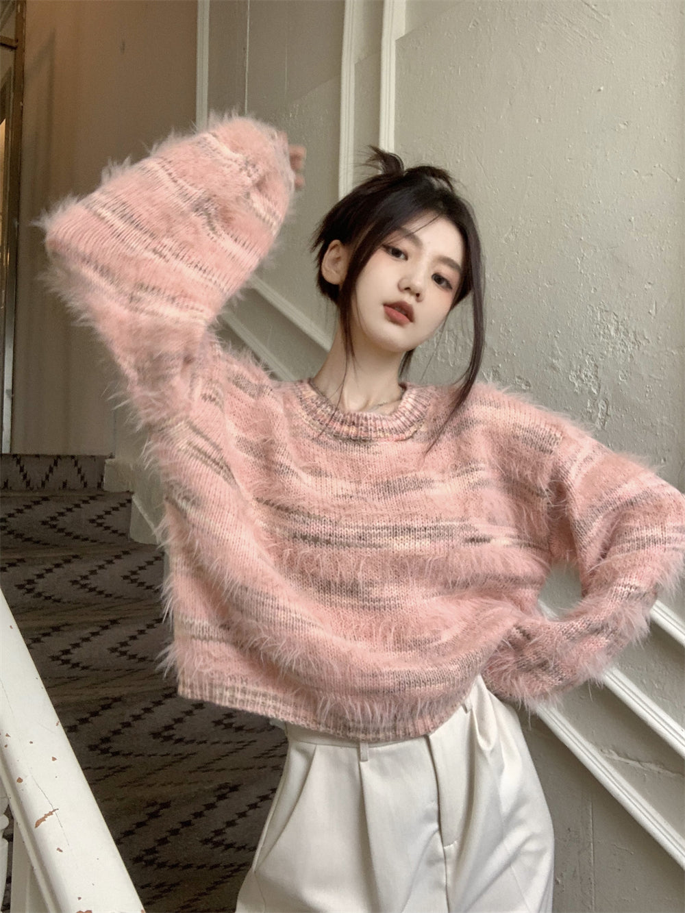 【送料無料】デザイン ニット 2カラー ふわふわ素材 韓国カジュアル 韓国ガーリーmry000560