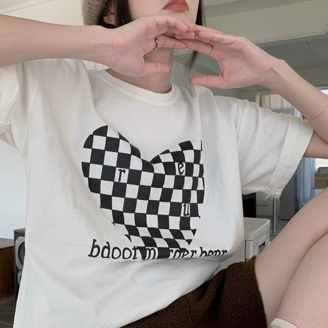 モノクロハート ニッチルーズ カジュアル 半袖トップス mry000091