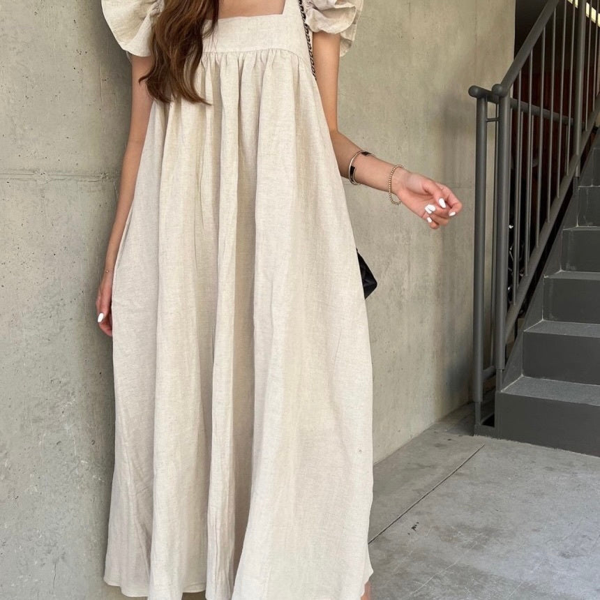 スクエアネック プリーツ フライングスリーブ エレガント ワンピース mry000122