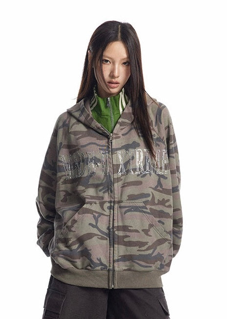 Rhinestone Camo Oversized Zip Hoodie mry001634