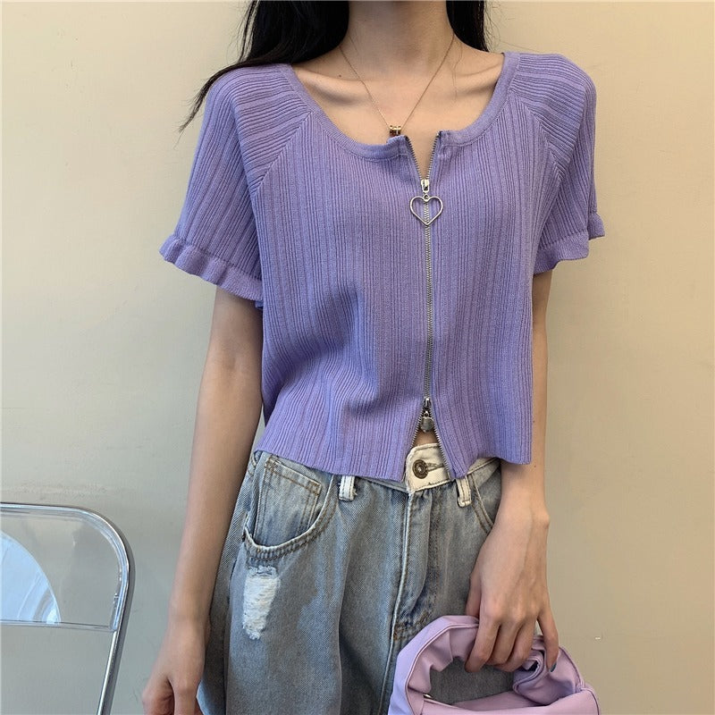 5カラー展開 2023大人気 半袖 センタージッパー トップス ショート丈 韓国ストリート 韓国カジュアル mry000659