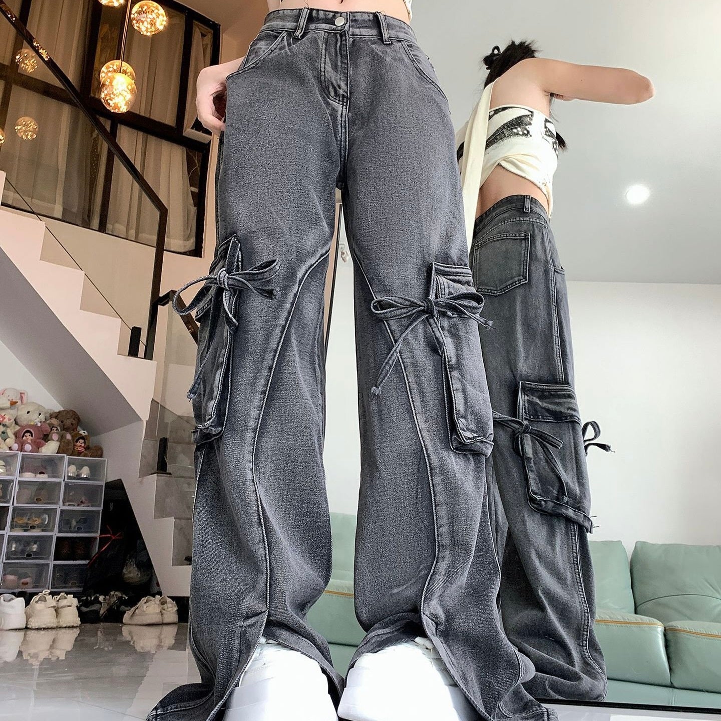 アメリカン 韓国ストリート 韓国カジュアル デニム生地 リボン パンツ mry001205