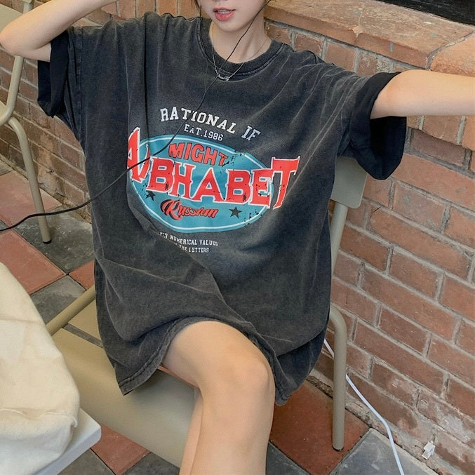 レトロ風Tシャツ ミドル丈 半袖 トップスmry000006