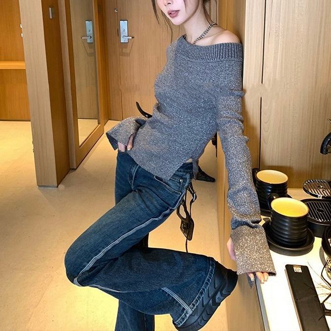 2カラー展開 韓国ストリート 韓国デザイン 韓国カジュアル シンプル オフショルダー ニットトップス mry001145