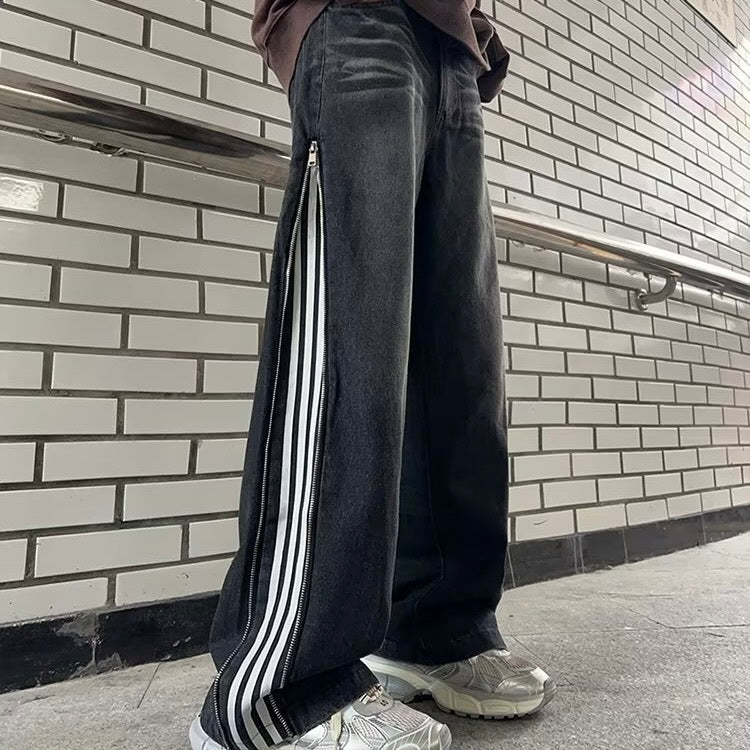 【Carina】2カラー展開 韓国ストリート ライン入りワイドデニムパンツ mry001375