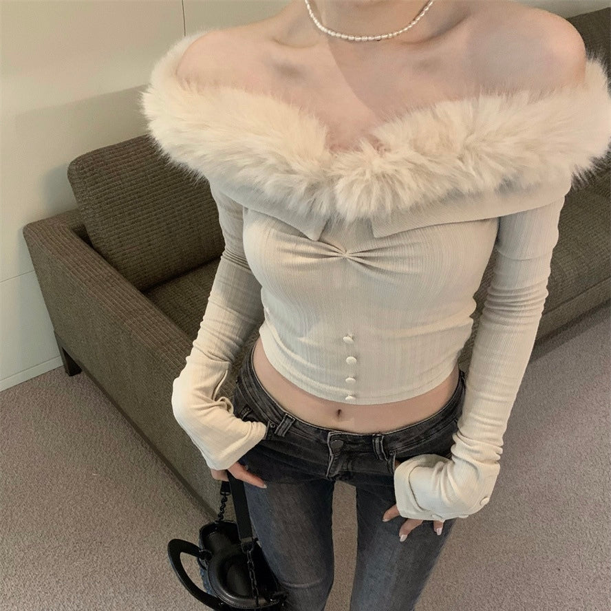 【Chéri】2カラー展開 オフショルダー フェイクファートップス mry001470