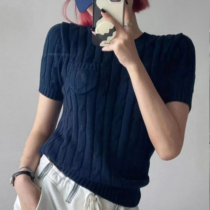 【送料無料】4カラー展開 高品質 半袖 ミニポケット ニット トップス mry000639