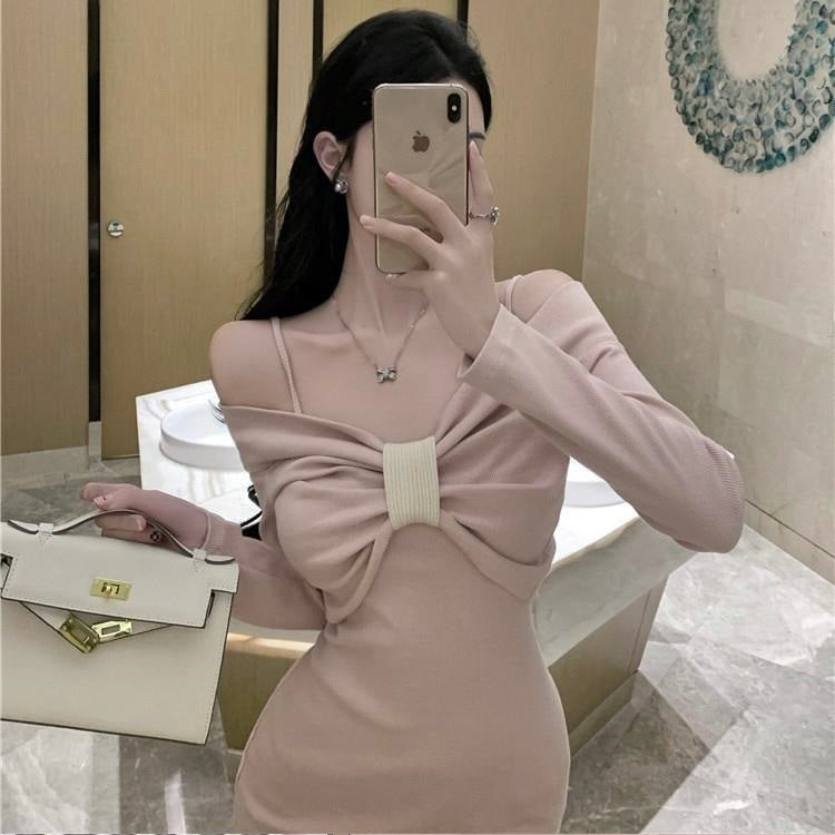 ビッグリボン デザイン ニット ワンピース mry000167