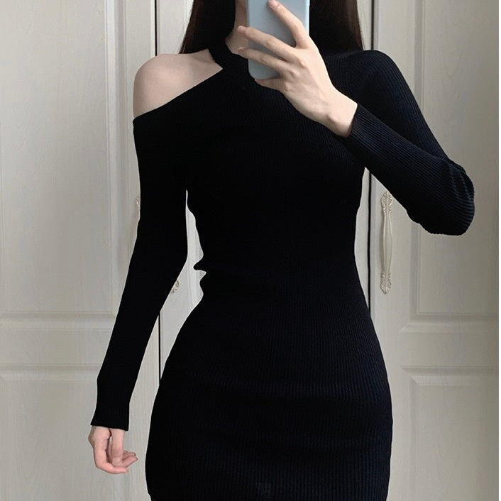 【Plaisir】韓国デザイン 韓国カジュアル シンプル ワンショルダーニットワンピース mry001157