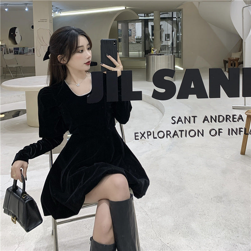 ブラック ベロア パフスリーブワンピース mry000456