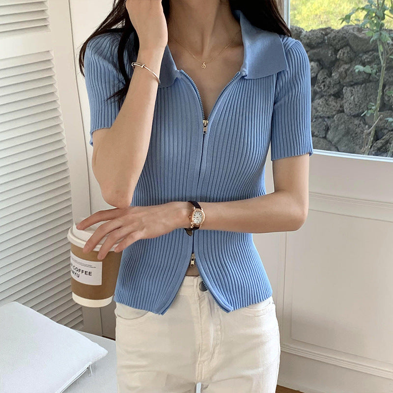 ラペルジッパートップス 薄手ニット 半袖 mry000009