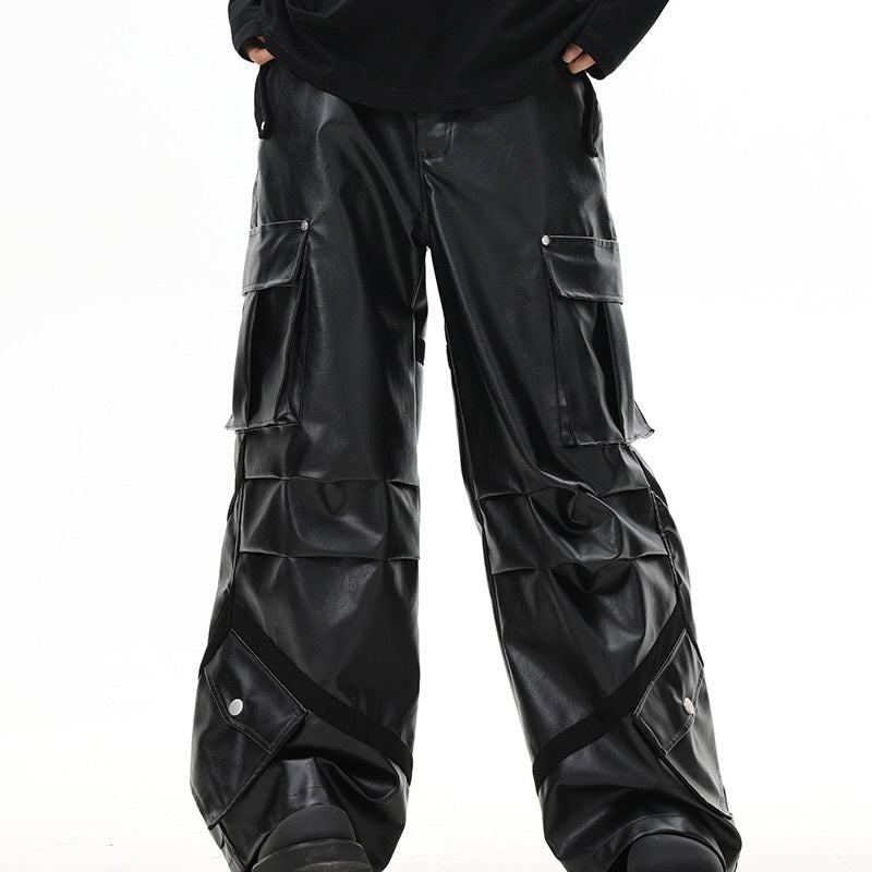 【Orchid】韓国ストリート 韓国カジュアル レトロトレンド レザー生地 ワイドパンツ mry001407