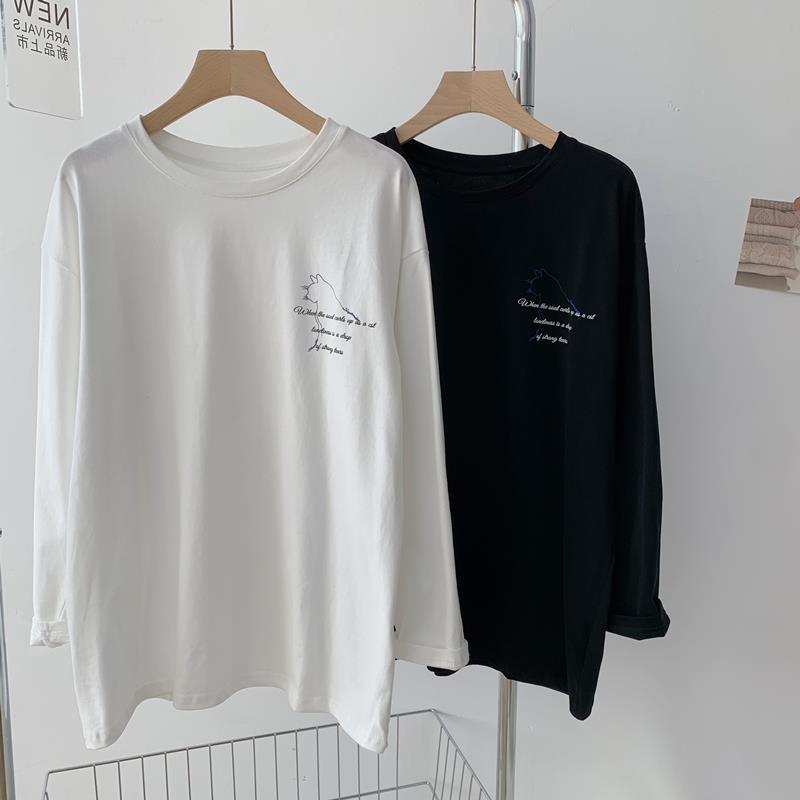 【送料無料】高級感 カジュアル 2カラー展開 ロングTシャツ キャットデザイン シンプルコーデ 韓国カジュアル mry000609