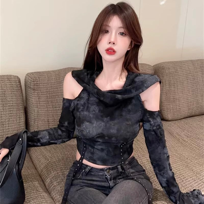 【Black Mamba】アメリカン 韓国カジュアル 韓国デザイン ショート丈 オフショルダー トップ mry001128