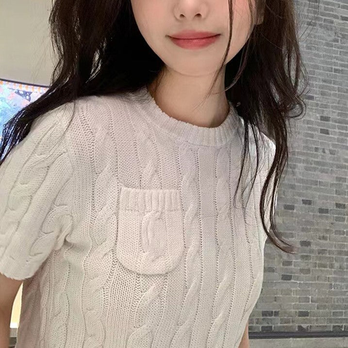 【送料無料】4カラー展開 高品質 半袖 ミニポケット ニット トップス mry000639