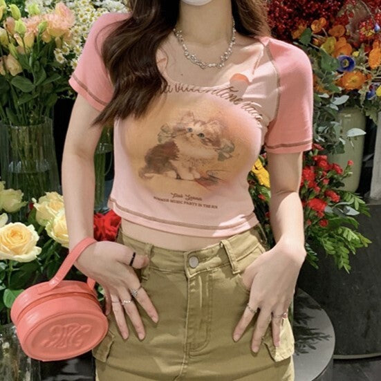 【送料無料】2カラー展開 クロップド丈 キャット デザインTシャツ mry000650